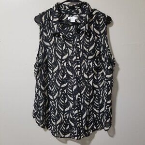 Liz Claiborne Women's Blouse XL Sheer Button Up Sleeveless Leaf Design